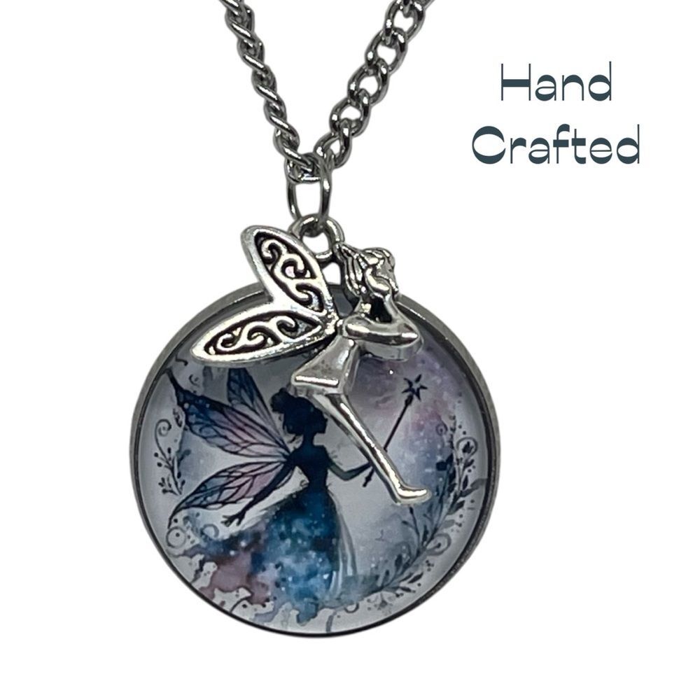 Hand Crafted Blue Black Silver Fairy Pendant Charm Necklace & Earring Set NWT OS